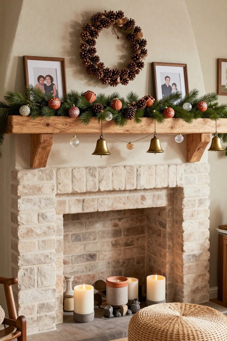 A wooden mantel over a brick fireplace decorated with a garland of pine branches, pinecones, painted round ornaments, dried oranges, glass balls, and hanging brass bells, with family photos on the walls and pillar candles in the hearth.