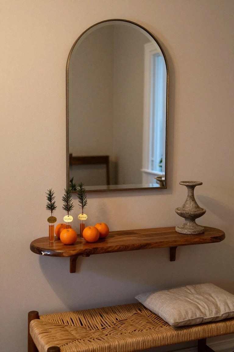 Arched brass mirror above a live-edge wooden shelf displaying test tubes with rosemary sprigs labeled Merry and Noel, oranges in tubes, a stone vase, beside a rattan bench with a beige cushion in a beige room.