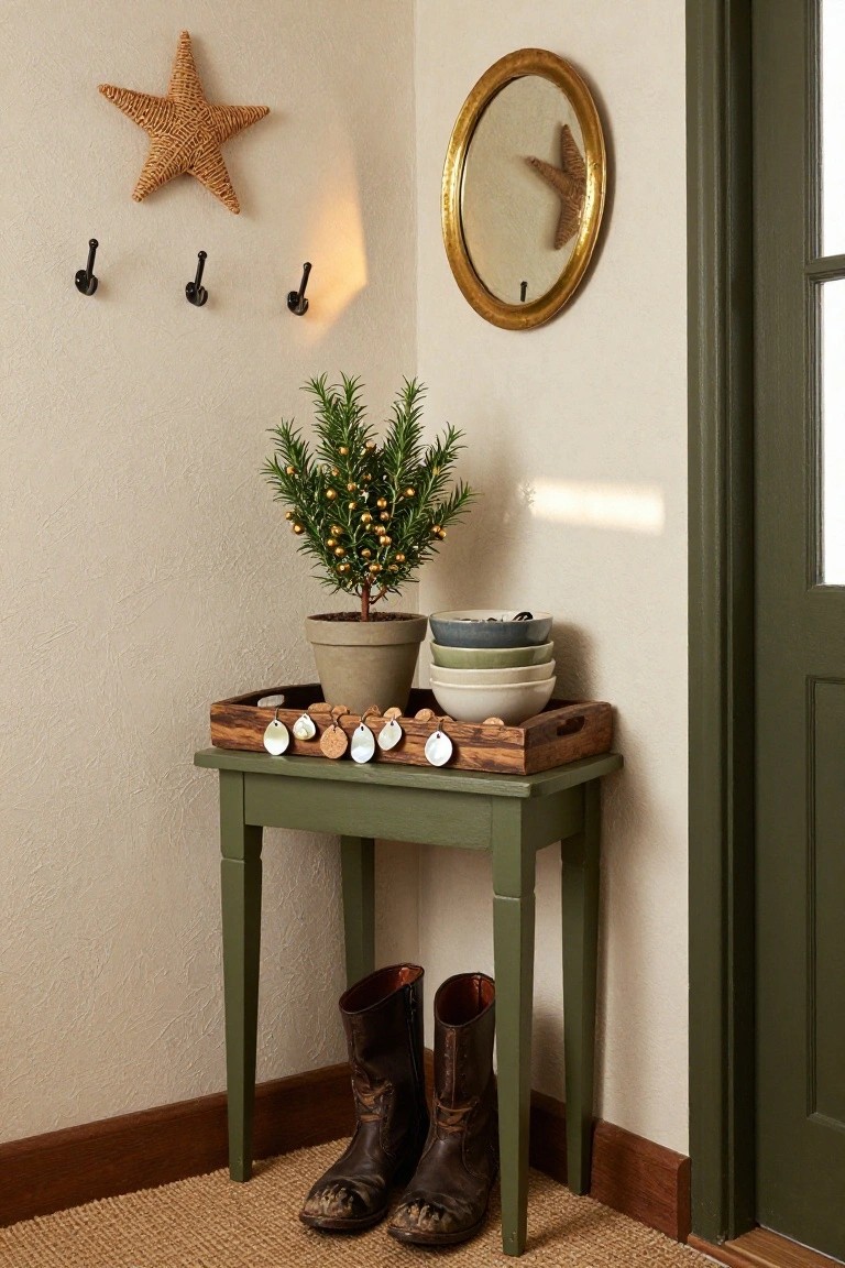 Corner of an indoor entryway with a green wooden console table holding a wooden tray of shell and cork ornaments next to stacked ceramic bowls, a potted rosemary tree decorated with gold balls, wall hooks, a wicker starfish decoration, a gold-framed mirror, and brown cowboy boots on a seagrass rug.