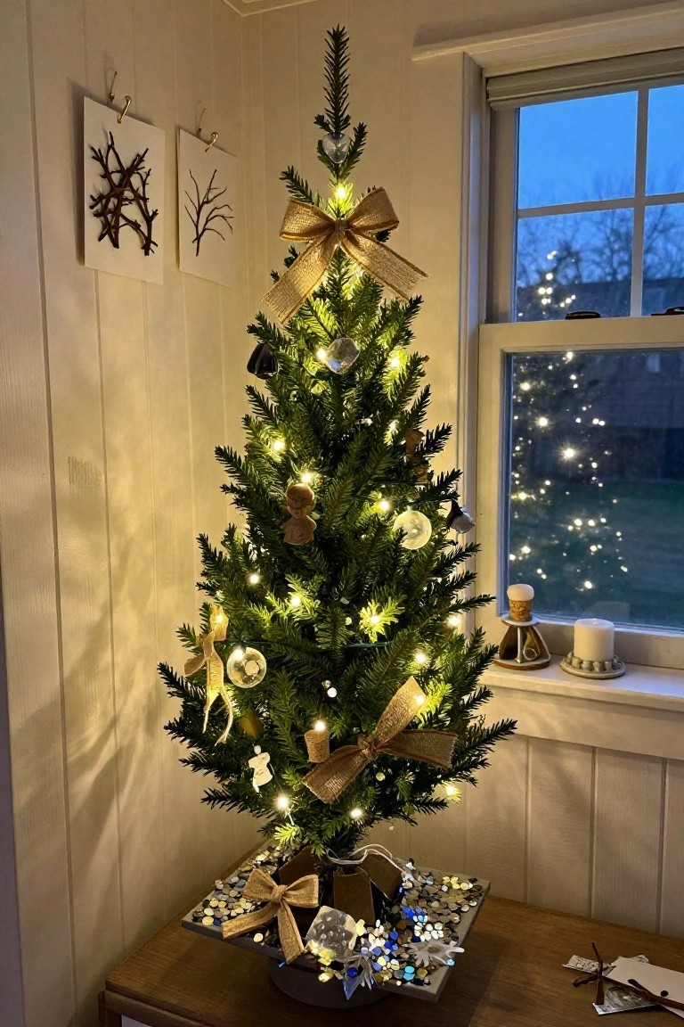 Small lit Christmas tree on a wooden table in a white paneled room corner, decorated with burlap bows, wooden angel and gingerbread ornaments, glass baubles, and metallic accents, next to a window with candles on the sill.