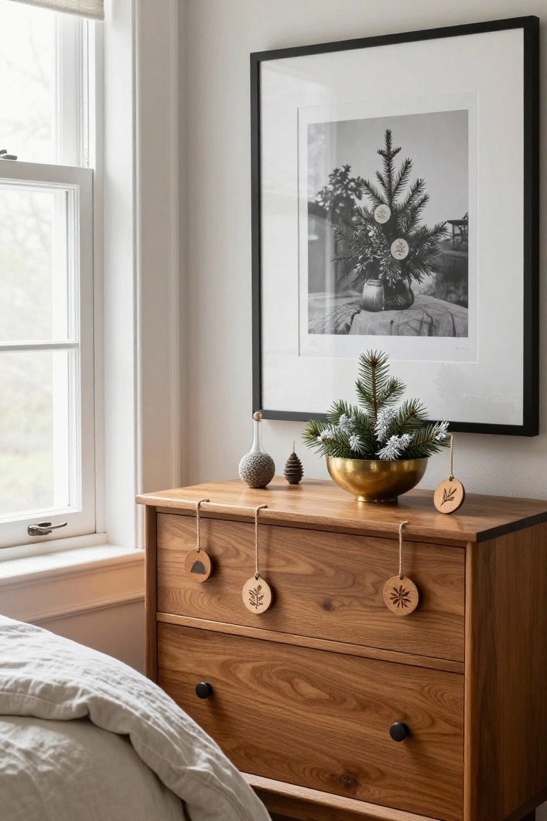 Wooden dresser with drawers, brass bowl holding greenery, framed tree photo above.