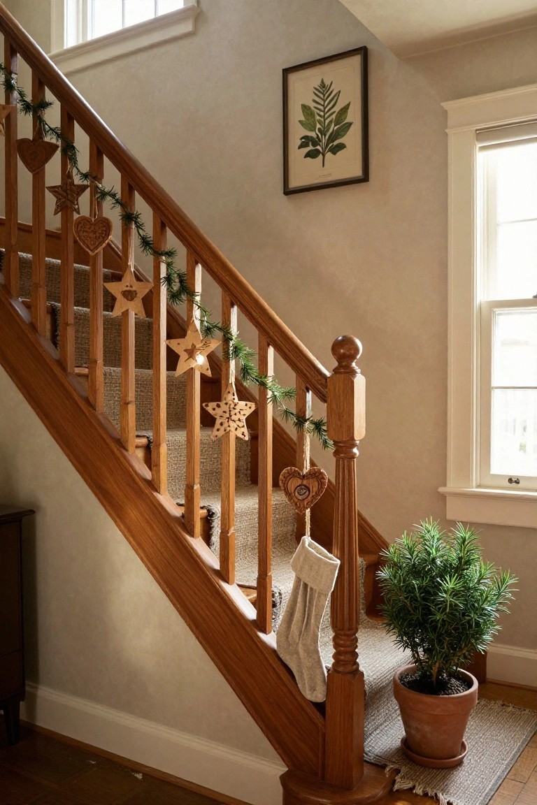 Wooden staircase with oak rails decorated by evergreen garland strung with hanging star and heart-shaped wooden ornaments, a white stocking on the newel post, and a potted evergreen plant at the base.