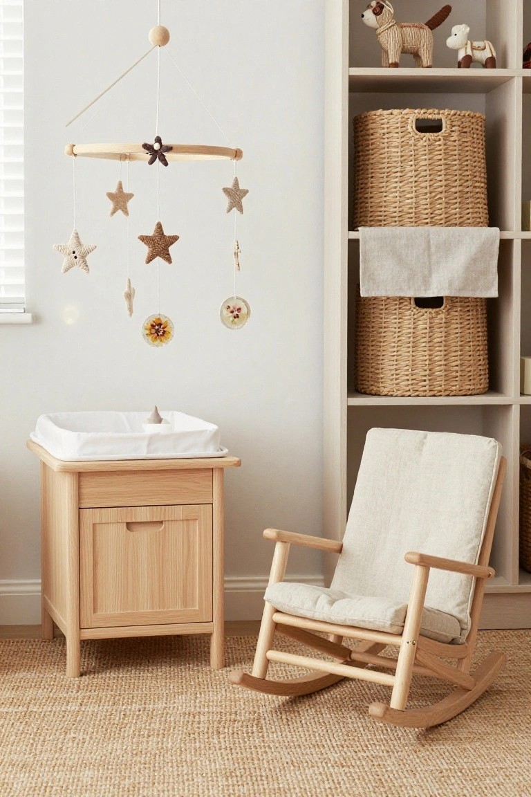 Nursery room with wooden mobile of star and flower shapes hanging above a white changing table on an oak dresser, beige rocking chair nearby, shelves holding wicker baskets and wooden animal toys.