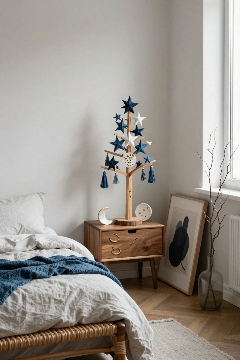 Bedroom corner featuring a tall wooden star-shaped Christmas tree decorated with blue and white felt stars and blue tassels, positioned next to a wooden nightstand beside a bed with white linens and blue throw, large abstract artwork on wall, and window.