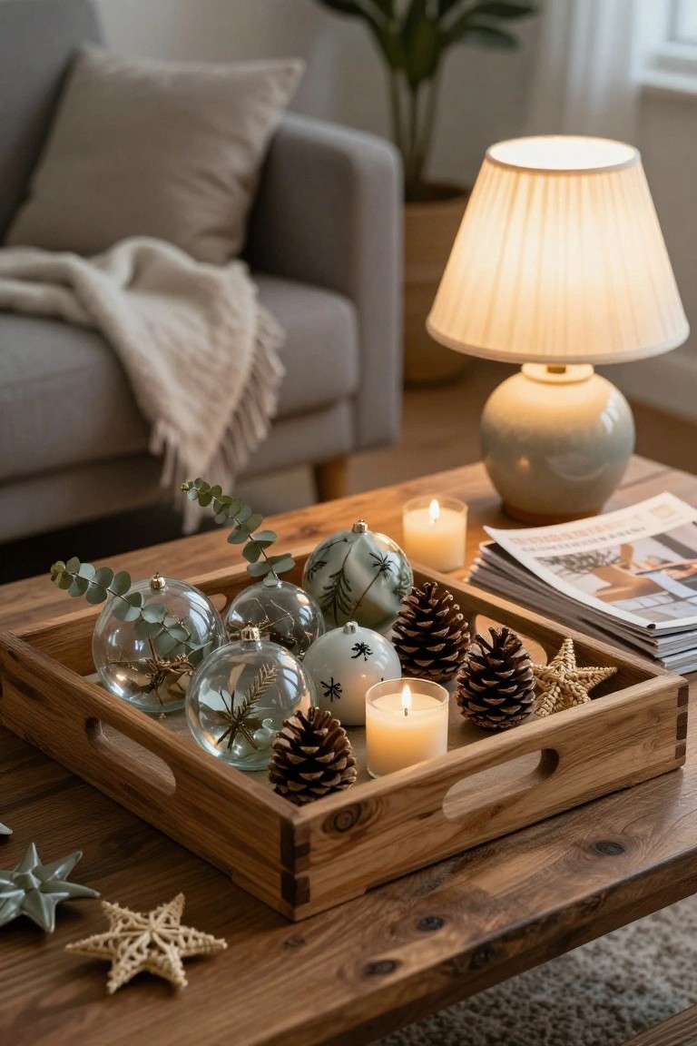 Wooden tray with glass ornaments, pinecones, candles, and eucalyptus on table.