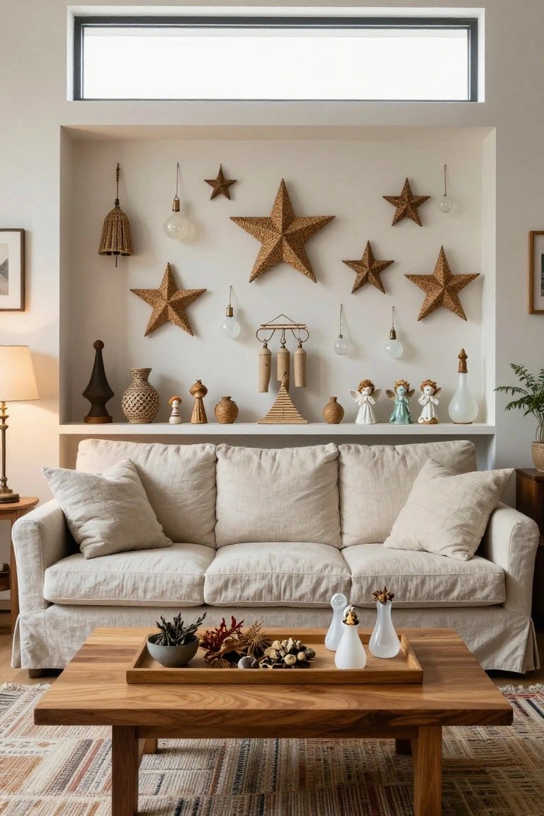 A living room alcove with white shelves holding wooden and ceramic figurines, vases, and pots, surrounded by multiple hanging woven rattan star ornaments, basket lanterns, and bulbs on a light-colored wall, with a beige linen sofa and wooden coffee table below.