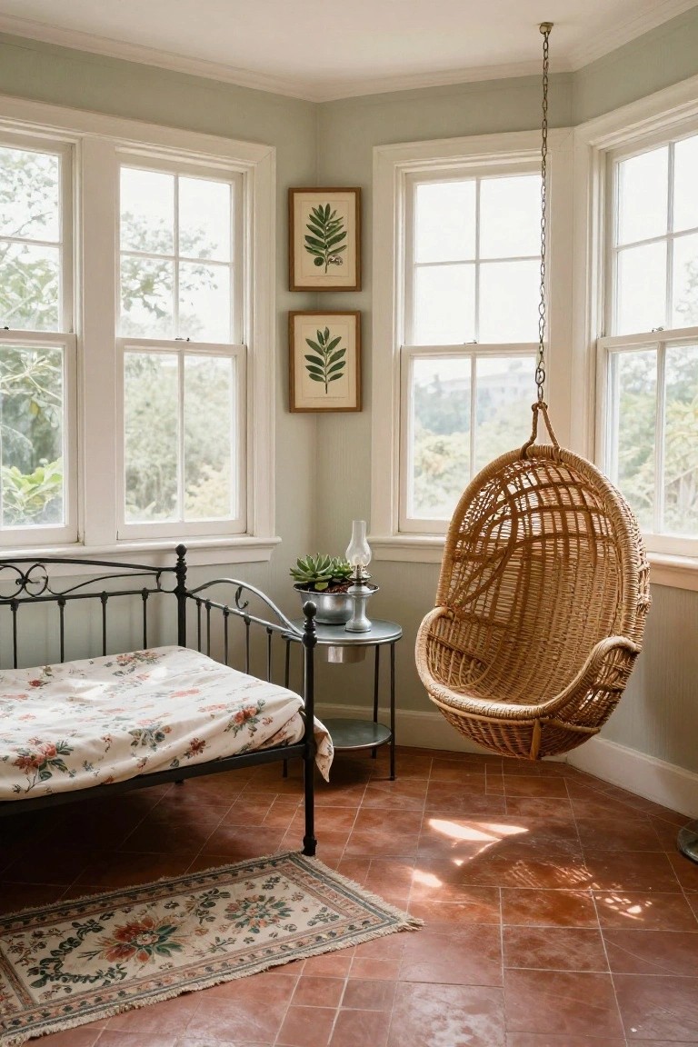 Corner of a pale green bedroom with black iron daybed covered in floral bedding, hanging woven rattan egg chair from ceiling chain, potted succulent and oil lamp on metal side table, two framed leaf prints on wall, large white-framed windows showing trees outside, terracotta tile floor, and small floral rug.