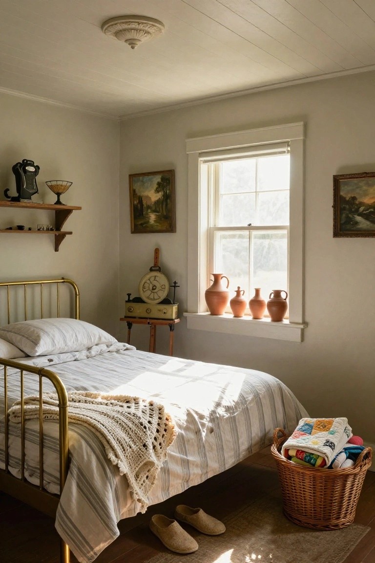 Vintage bedroom with brass bed frame dressed in striped linens and crochet throw, terracotta pots lined up on windowsill, wooden easel clock beside bed, wicker laundry basket on floor, and paintings on walls.