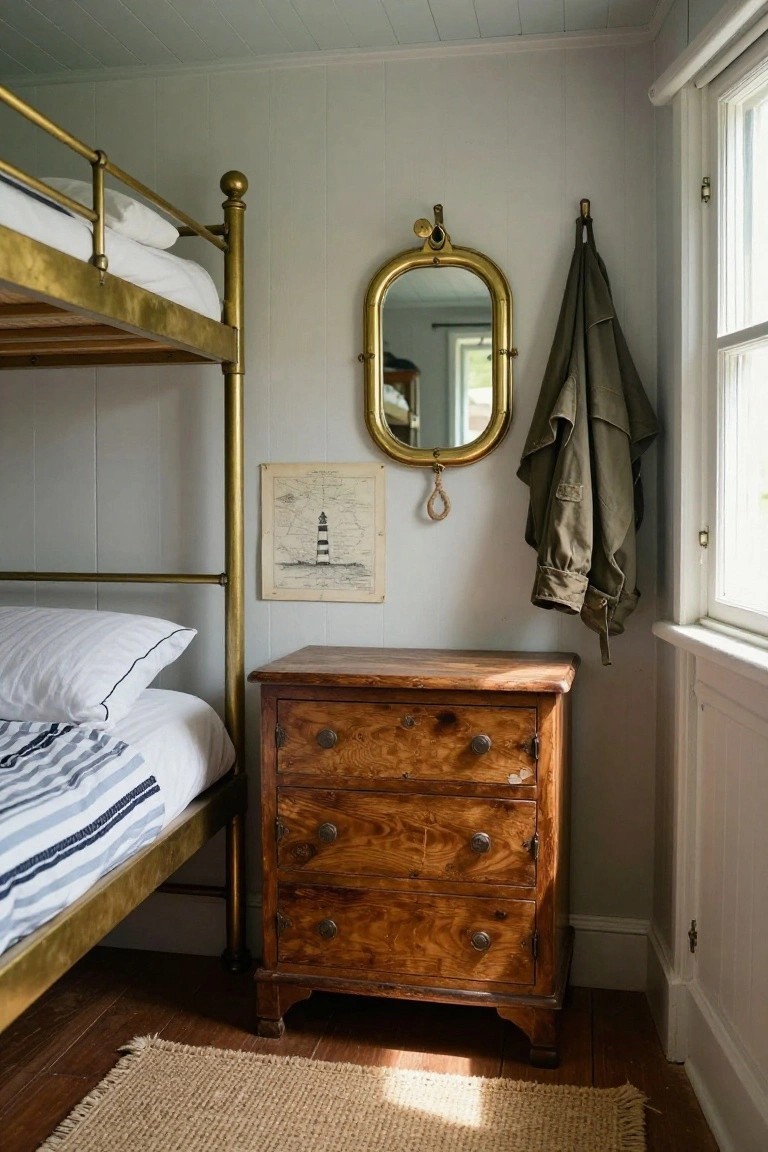 A bedroom interior with a brass-framed bunk bed on the lower level made up with white sheets and striped bedding, an antique wooden chest of drawers beside it, a brass oval porthole mirror on the wall, a nautical print, a hanging jacket, light gray paneled walls, and a seagrass rug on wood floors.