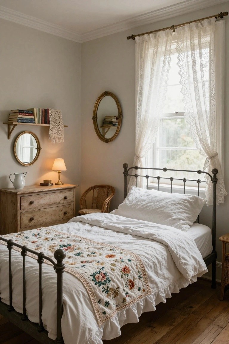 A small bedroom corner with a vintage black iron bed frame topped by white linens and a floral-embroidered quilt, beside a distressed wood dresser, rattan chair, and lace-curtained window.
