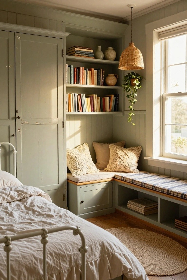 Sage green wooden wardrobe with built-in bookshelves and window seat cushions next to a white iron bed in a sunlit bedroom.