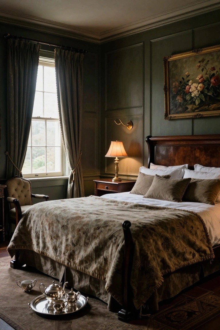 Bedroom interior with dark green paneled walls, antique wood four-poster bed covered in fur throw and pillows, silver tea service tray on the floor, wall lamp, and window with gray curtains.