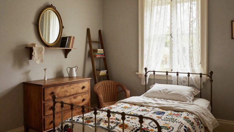 A small bedroom corner with a vintage black iron bed frame topped by white linens and a floral-embroidered quilt, beside a distressed wood dresser, rattan chair, and lace-curtained window.