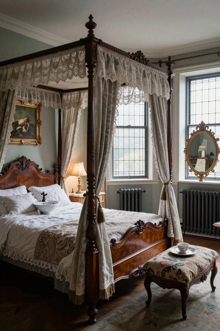 Antique four-poster bed with white lace canopy drapes and carved posts in a light green bedroom with white bedding, paintings, lamp, and a footstool.