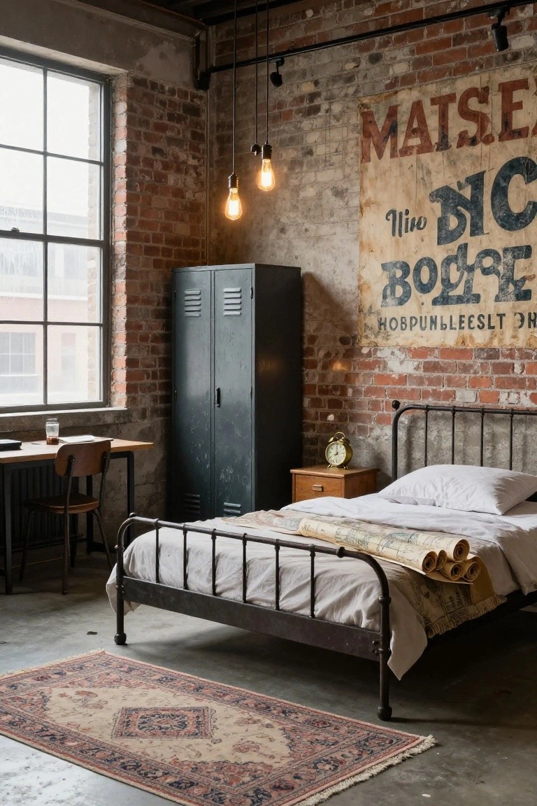 Bedroom interior with exposed red brick walls, black metal bedframe and headboard with white sheets and pillows, wooden desk with chair, tall gray metal locker, wooden nightstand with clock, vintage poster on wall, pendant lights, and Persian rug on concrete floor.