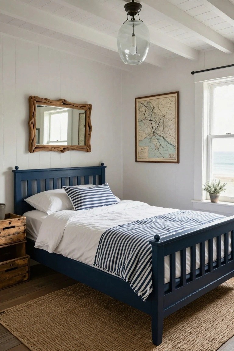 Bedroom with navy blue wooden bed frame, white bedding with navy striped throw, white shiplap walls and ceiling, driftwood mirror, framed map, potted plant by window with ocean view, wooden crate side table, seagrass rug on wood floor.