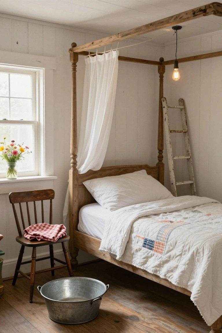 Wooden four-poster bed with white sheer curtains in a white shiplap-walled bedroom, featuring a ladder, wooden chair with red plaid blanket, metal washtub on floor, and window with jar of wildflowers.