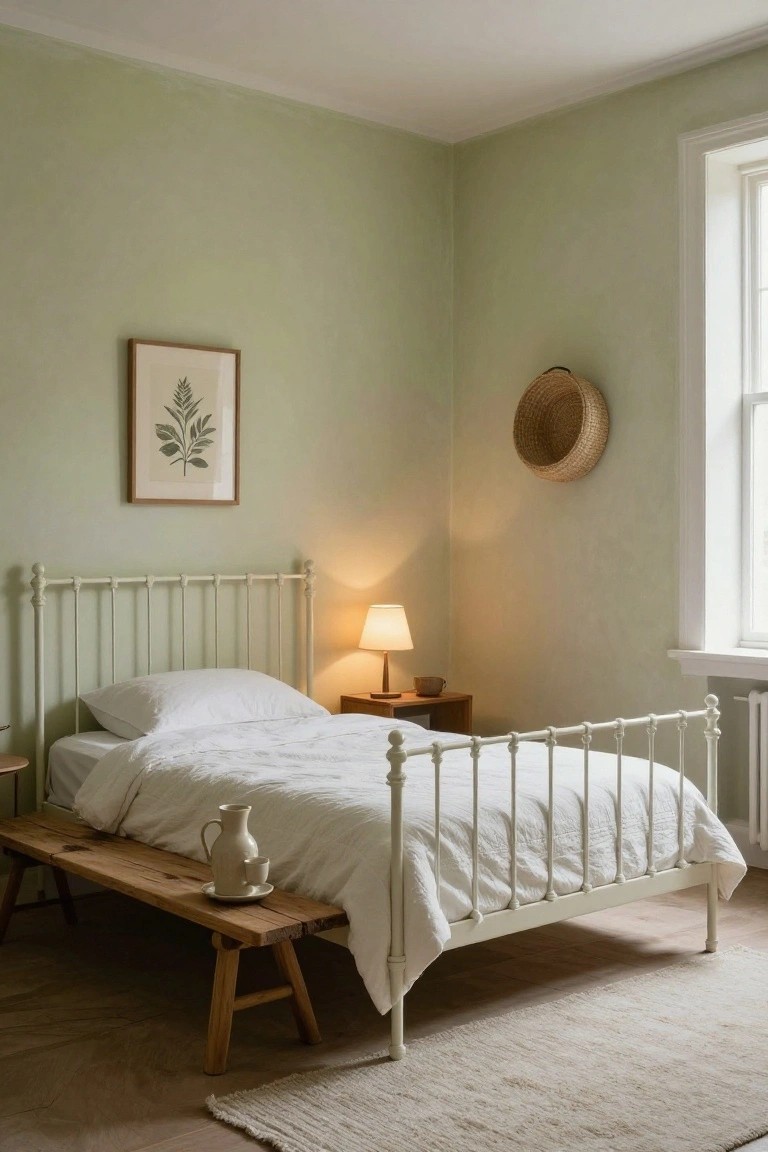 A cozy bedroom featuring pale green walls, a white metal bed frame with white bedding, a wooden bench with a jug and cup beside the bed, a bedside table with lamp, a framed fern print, and a straw hat on the wall near a window.