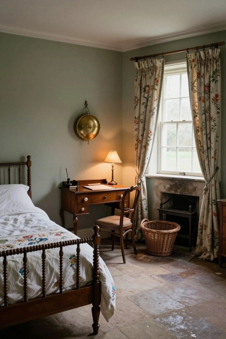 Cozy vintage bedroom with sage green walls, antique wooden spool bed draped in white quilt with floral embroidery, matching wooden desk and chair, floral chintz curtains on window, brass pan hanging on wall, table lamp, wicker basket, and stone fireplace on tiled floor.