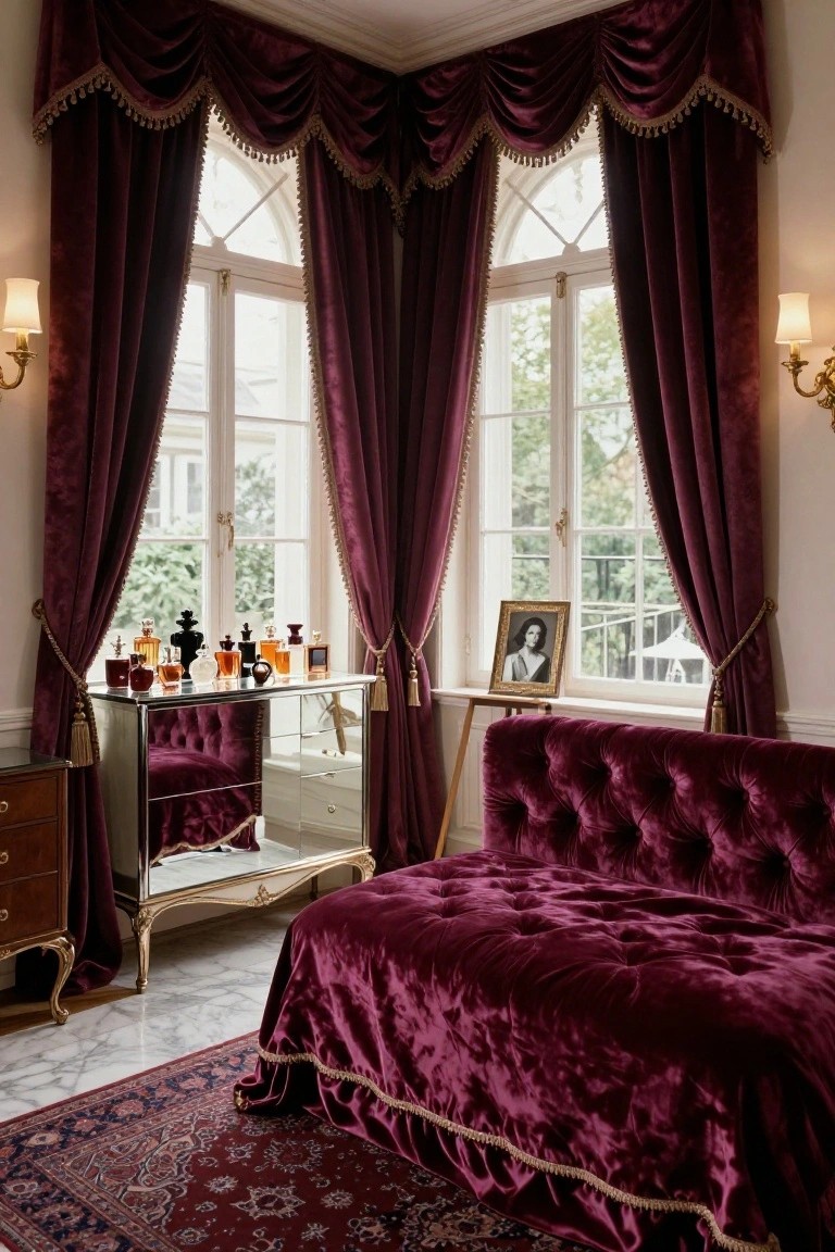 Corner of an elegant bedroom with a tufted purple velvet sofa draped in matching fabric, a mirrored console table holding perfume bottles, heavy purple velvet curtains on arched windows, a framed portrait on an easel, and a red Persian rug on a marble floor.