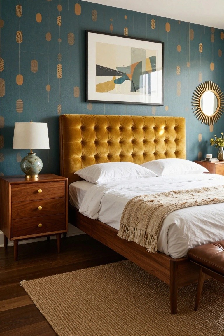Bedroom interior with mustard yellow tufted velvet headboard on wooden bed frame, teal patterned wallpaper, wooden nightstand with ceramic lamp, white bedding with cream throw, gold mirror, and leather bench at bed foot.