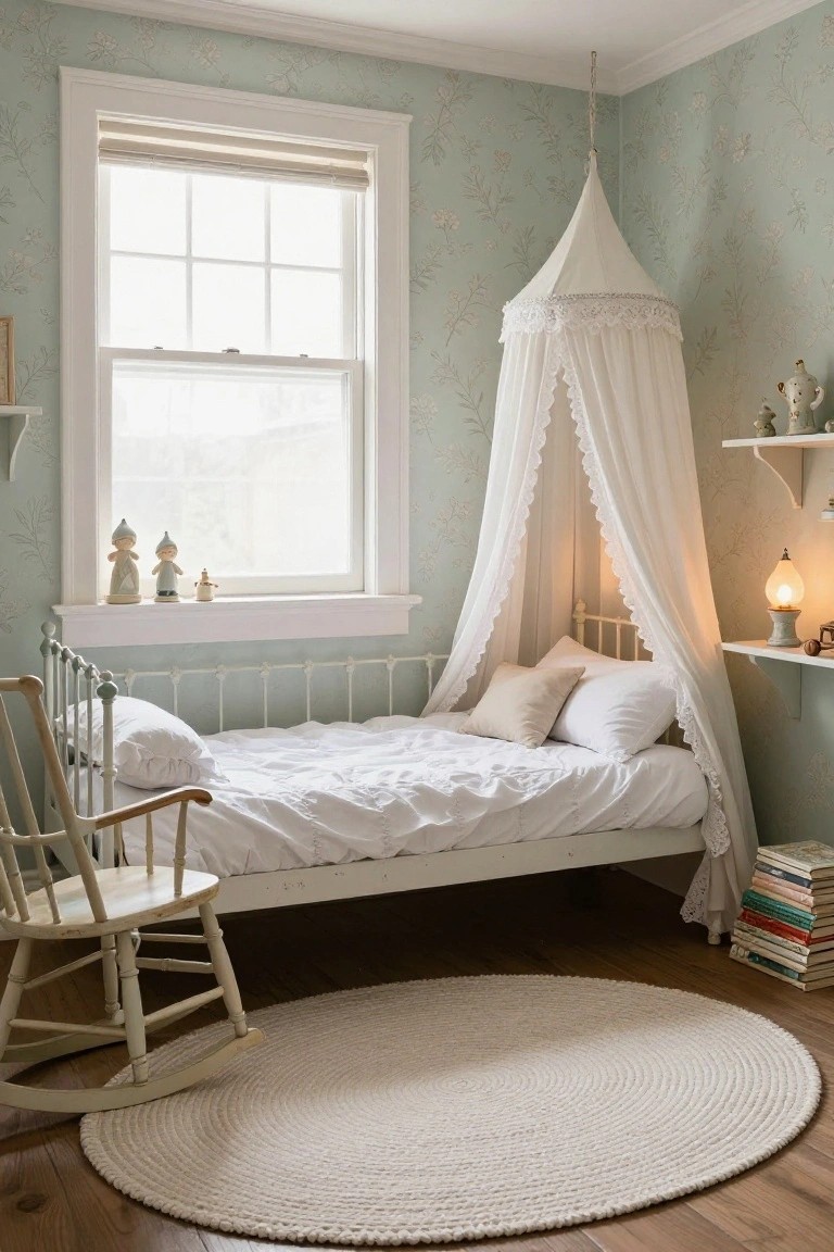 A child's bedroom with pale green floral wallpaper, a white metal single bed under a white lace canopy, wooden rocking chair, round white rug, and shelves with small figurines by the window.