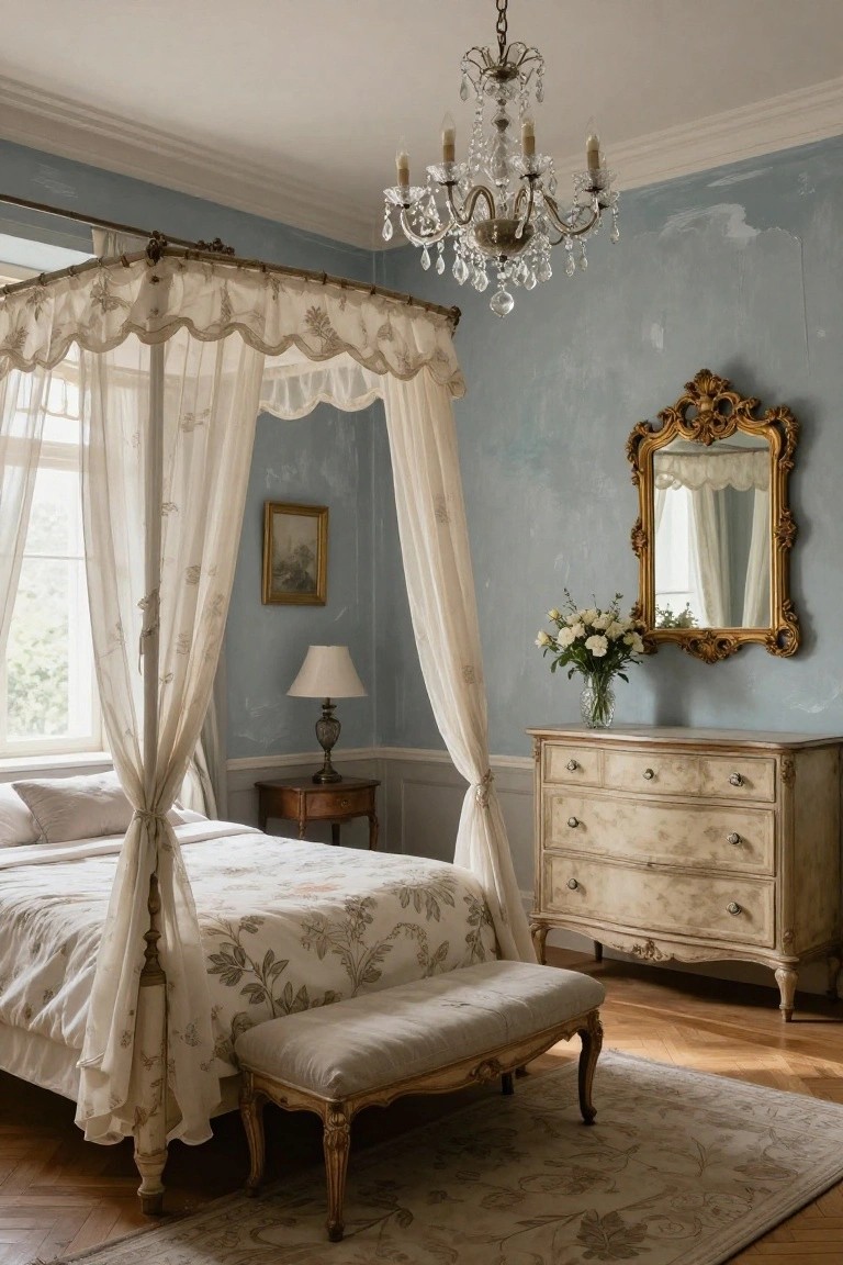 A bedroom with light blue walls, a white four-poster bed draped in sheer curtains, antique cream dresser, gold mirror, chandelier, lamp, and bench on wood floor.