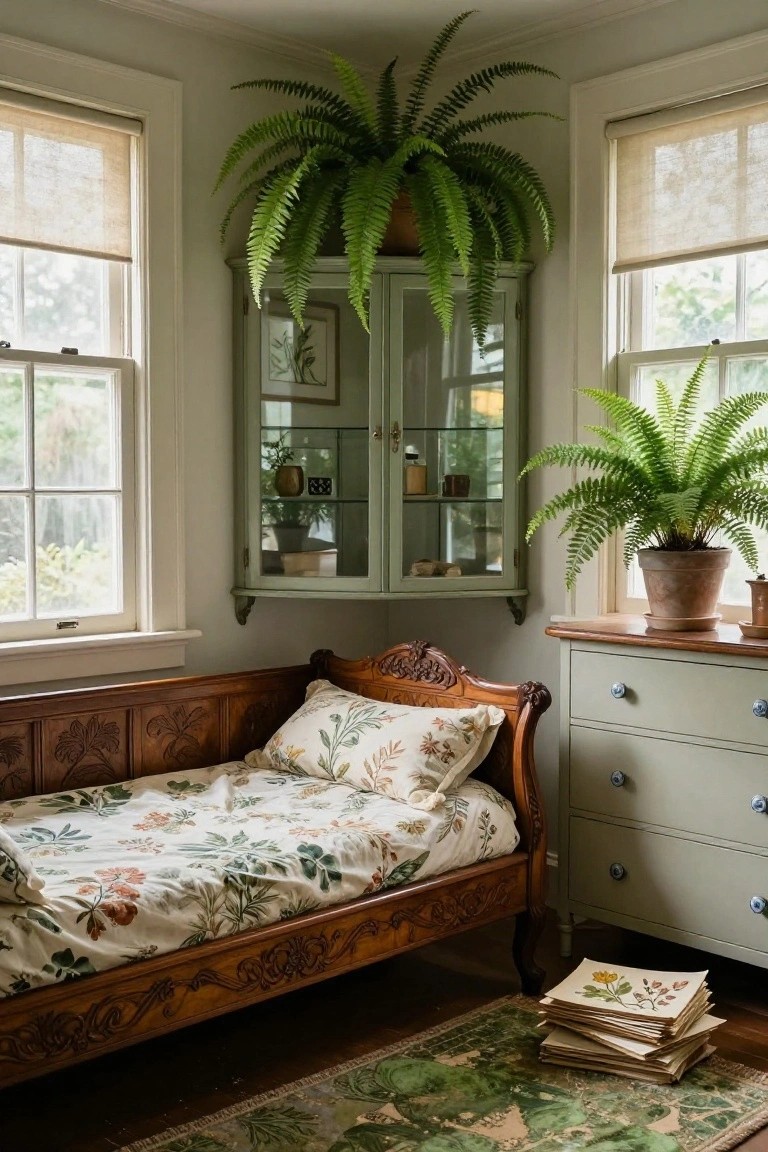 Bedroom corner with carved wooden daybed draped in white floral bedding, large potted ferns on either side, wall-mounted green glass-front cabinet with small plants inside, low dresser nearby, and green rug on hardwood floor.