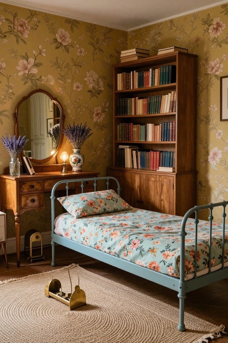 Corner of a vintage bedroom with yellow floral wallpaper on walls, wooden bookshelves filled with books, antique vanity table with oval mirror and lavender bouquet, turquoise painted metal single bed with floral bedding, and round seagrass rug on wood floor.