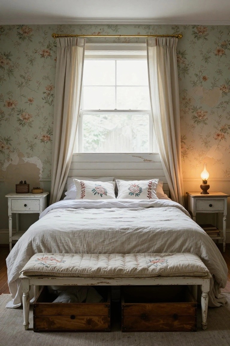Bedroom with pale green floral wallpaper on walls, white shiplap headboard behind a bed dressed in white linens and embroidered pillows, matching white nightstands, a bench with cushions at the foot of the bed, and sheer curtains on a large window.