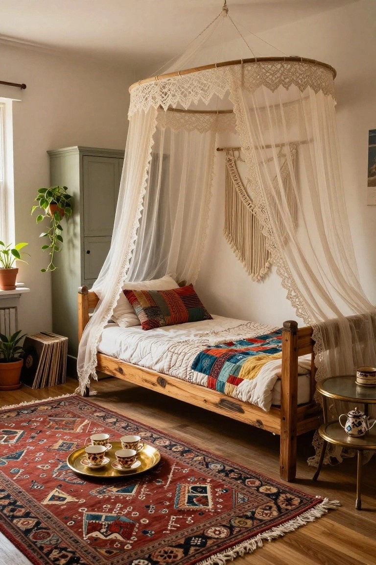 Bedroom interior with a single wooden bed under a circular bamboo hoop canopy draped in white lace curtains and sheer fabric, macrame wall hangings, potted plants, green cabinet, colorful patchwork quilt, brass teacups on a tray atop a red Persian rug, and vinyl records nearby.
