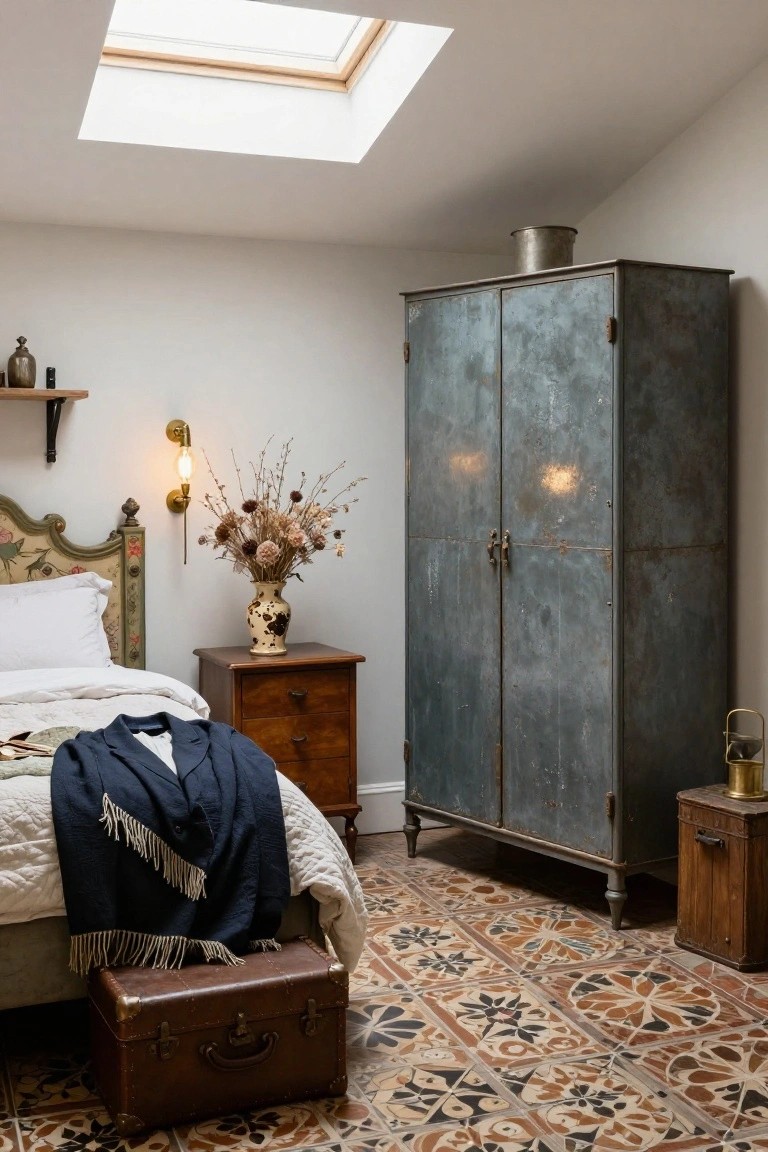 Attic bedroom under skylight with tall rusted metal wardrobe, carved wood headboard bed draped in navy throw and white duvet, wooden nightstand holding vase of dried flowers, and terracotta tile floor.