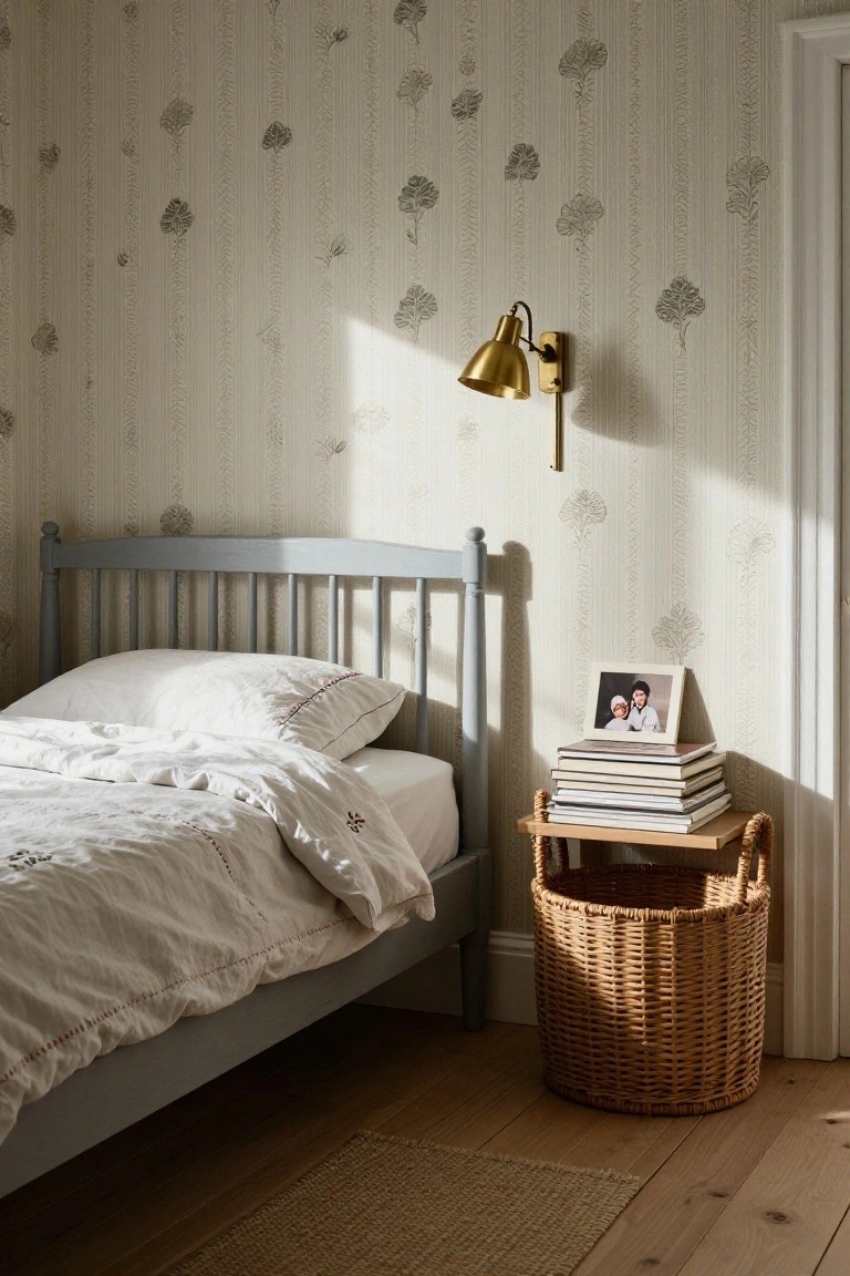 A bedroom corner with a light gray-blue painted wooden spindle bed draped in white linens, a stack of books and framed photo on a wicker side table with matching basket, brass wall lamp, floral-patterned wallpaper, and wooden floor with seagrass rug.