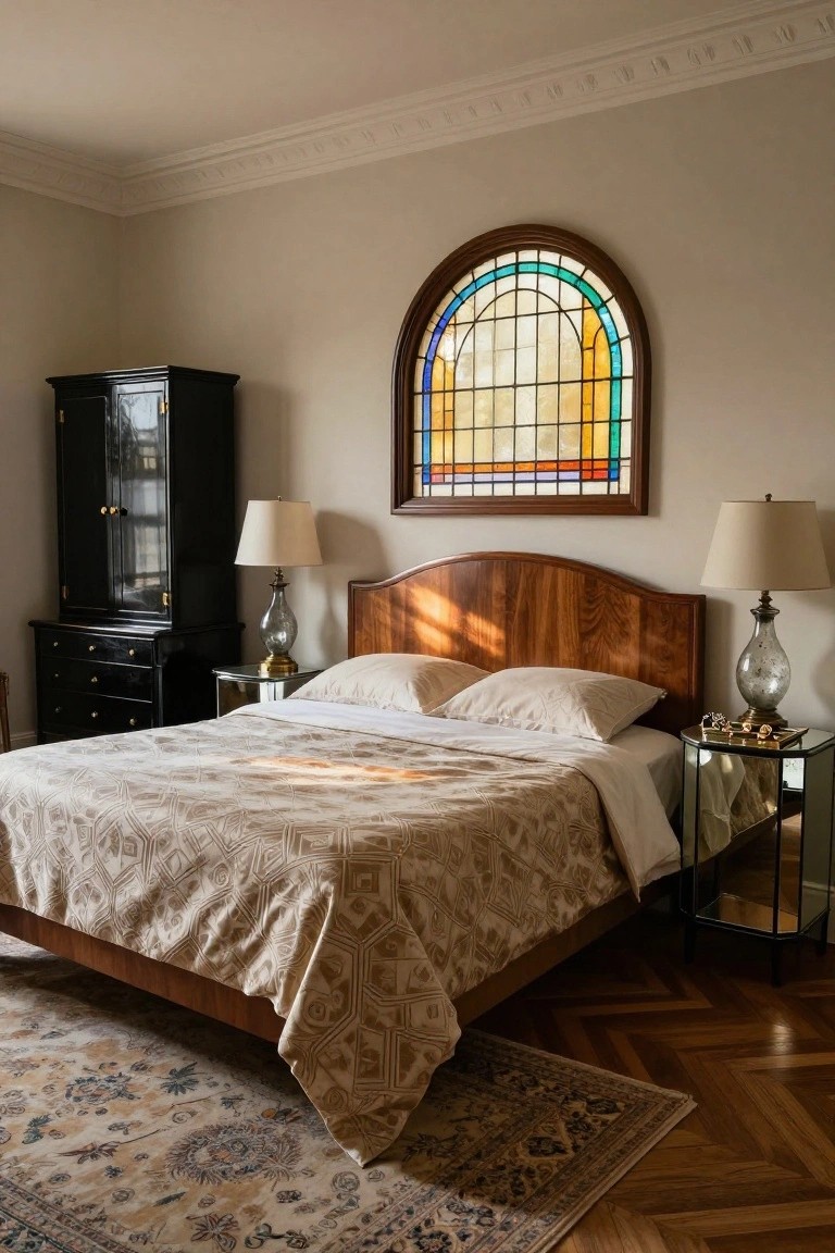 Arched stained glass window in wood frame above wooden bed headboard in beige bedroom with black dresser, lamps, mirrored side tables, and parquet floor.