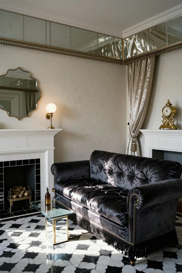 Interior corner with black tufted velvet sofa beside white fireplace on black and white checkered floor, gold-framed mirrors on walls and ceiling, small glass table with bottle.