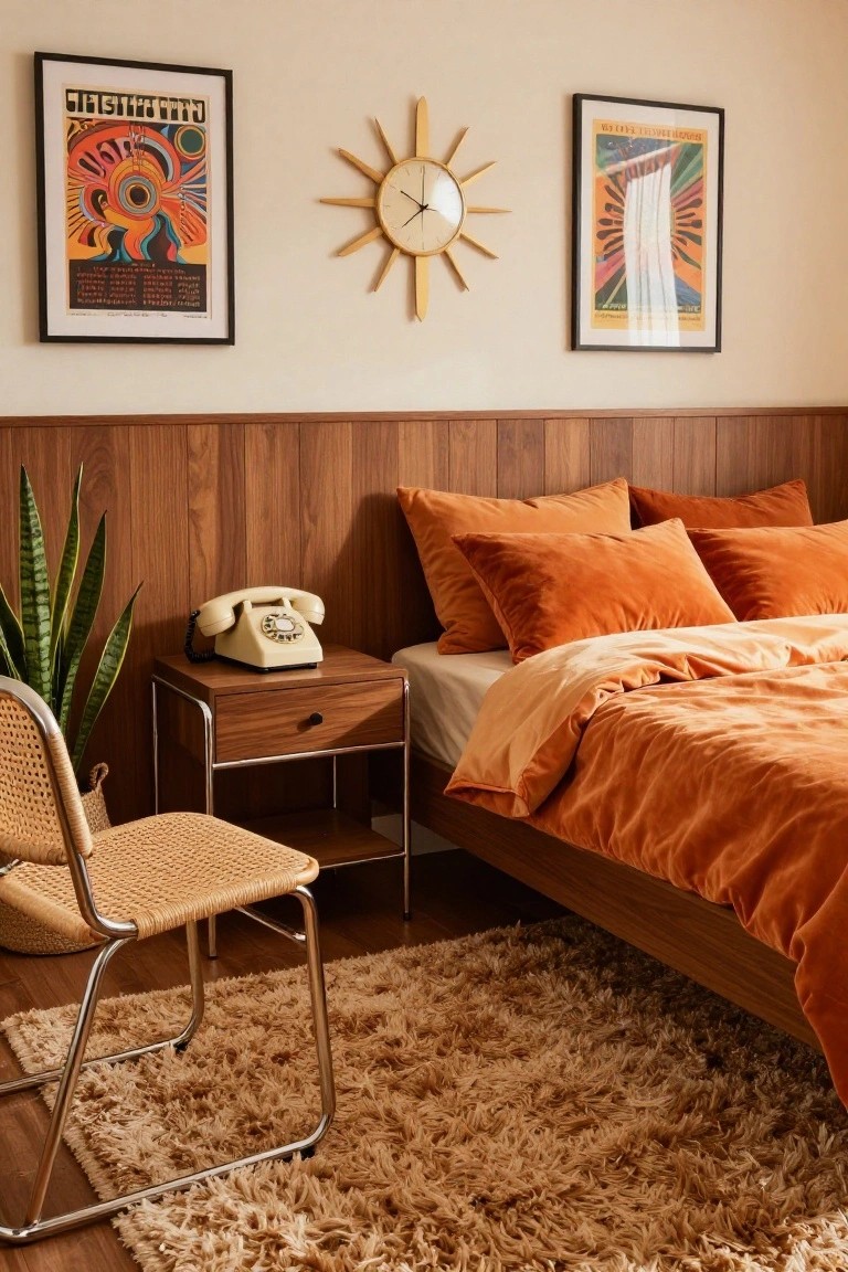 Bedroom corner featuring a bed with orange velvet bedding and pillows against a wood-paneled wall, wood nightstand with cream rotary phone and snake plant, rattan chair, and shag rug.