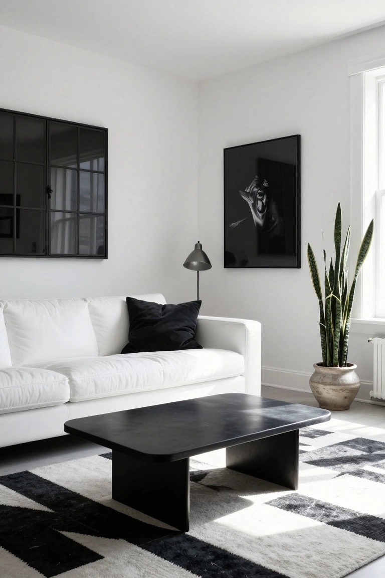White sofa with black pillows and throw next to a black wood coffee table on a black-and-white rug in a white-walled living room with black-framed art, a lamp, and potted snake plant.