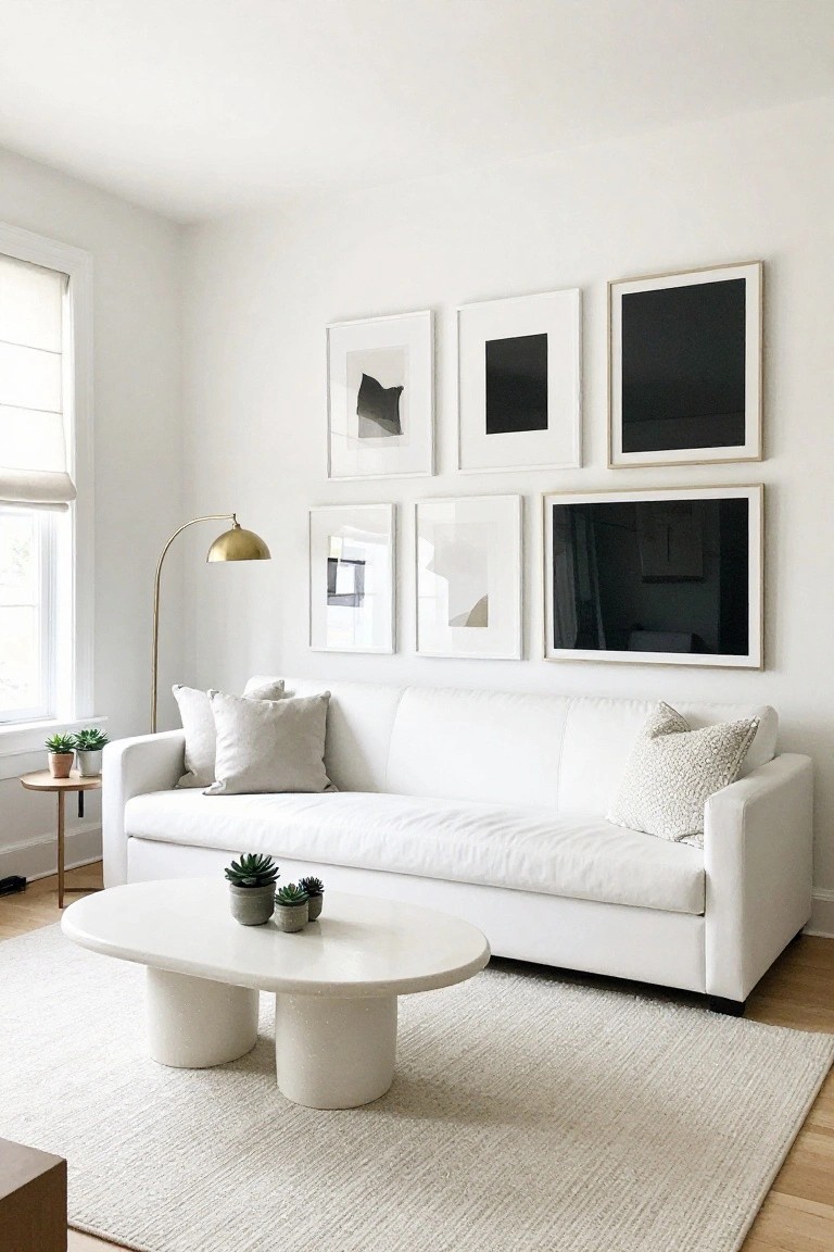White living room with white sofa, neutral pillows, oval white coffee table holding succulents, cream woven rug, gold arc floor lamp, potted plants on side table, and gallery wall of black-framed abstract black and white prints.