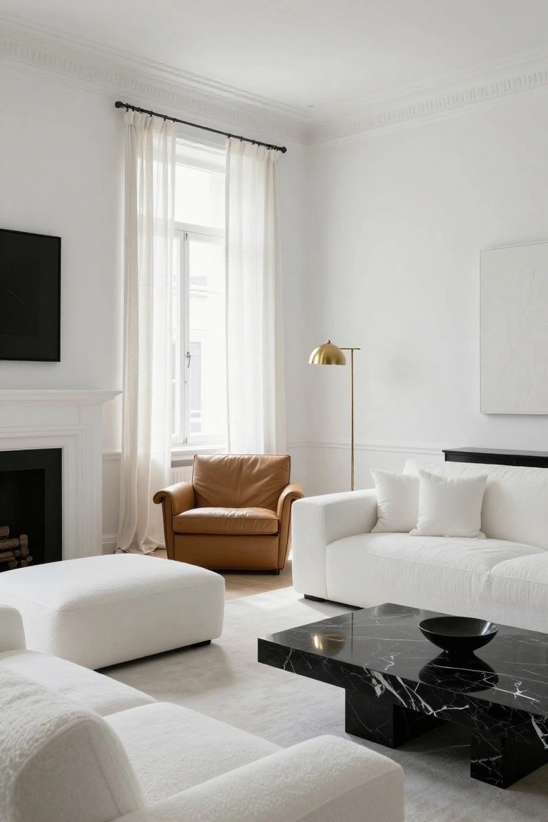 White living room with plush white sofas and ottoman, tan leather armchair, black marble coffee table with black bowl, gold arched floor lamp, white walls, fireplace, and sheer curtains on tall windows.