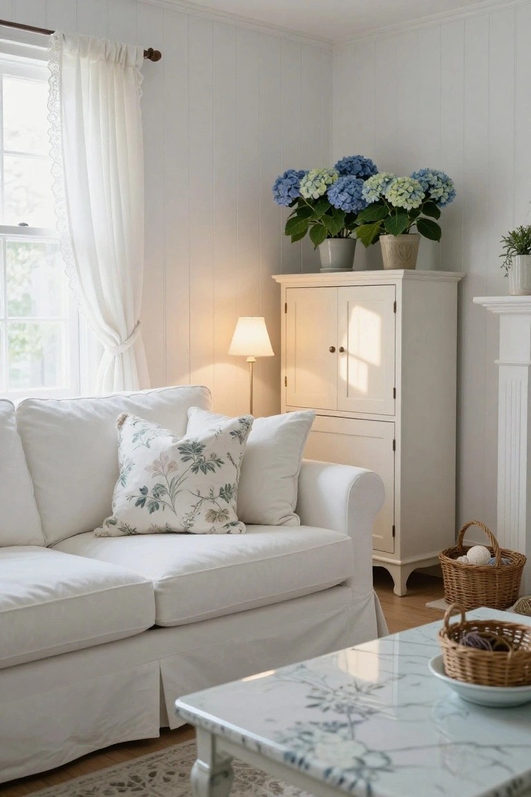 White paneled living room corner with slipcovered sofa, tall white cabinet topped by blue hydrangea plants in pots, lamp on cabinet, marble coffee table with baskets, and window with sheer curtains.