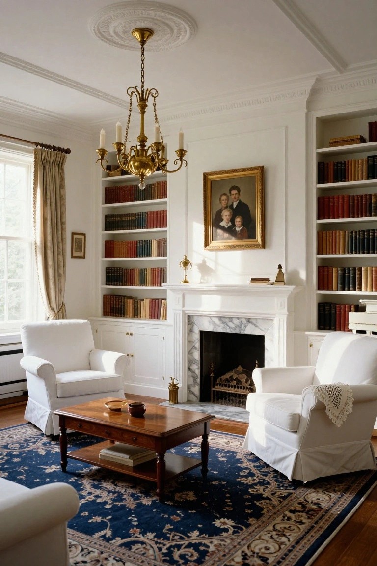 White living room with floor-to-ceiling bookshelves flanking a white marble fireplace, white slipcovered armchairs around a wooden coffee table on a blue rug, gold chandelier overhead, and a family portrait on the wall.