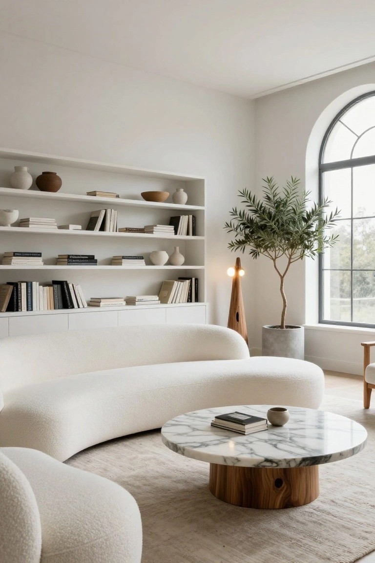 White curved bouclé sofa and pouf chairs in a minimalist living room with white bookshelves, ceramics, books, a marble-topped wooden coffee table, olive tree in a gray pot by an arched window, floor lamp, and beige rug on light wood floors.