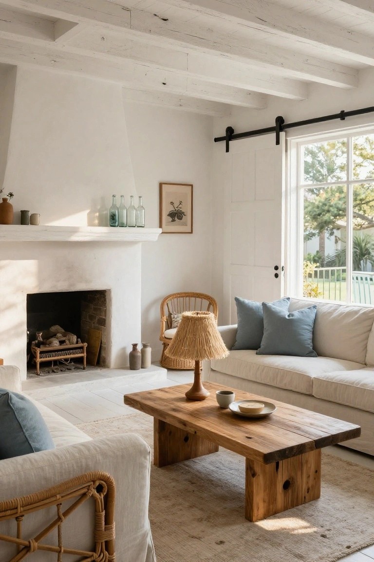 White living room featuring exposed whitewashed wooden beams on the ceiling, a white sofa with blue pillows, rattan chairs, a rustic wood coffee table, and a plaster fireplace with firewood.