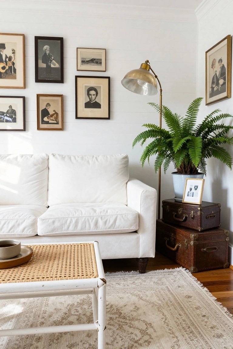 White sofa with gallery wall, vintage trunks, and potted fern.