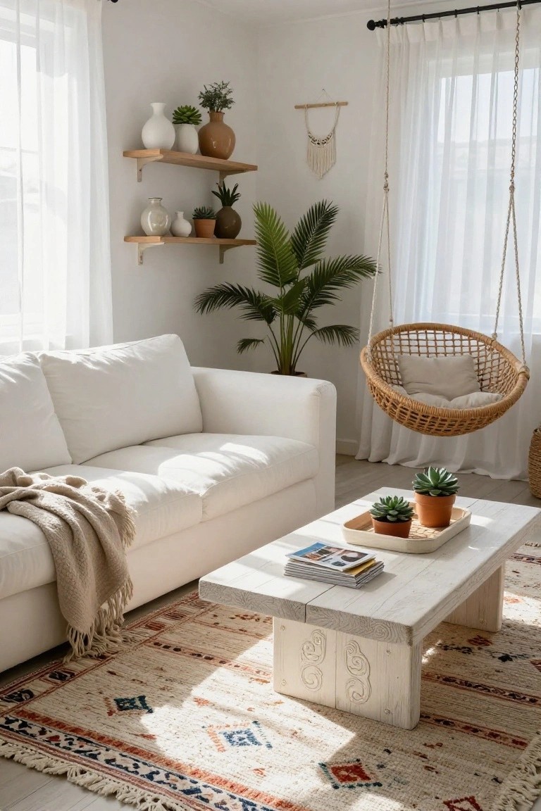 A bright white living room with a white sofa draped in a beige throw, wooden floating shelves above it holding potted plants and ceramic vases, a woven rattan hanging chair with cushions near large sheer-curtained windows, a white coffee table with succulents and books, and a patterned beige rug on light wood floors.