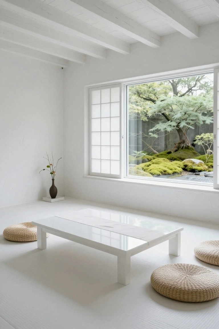 A minimalist white interior room featuring exposed white ceiling beams, a low white table with cushions, a brown vase with branches, and a large open shoji window overlooking a zen garden with moss, rocks, and trees.