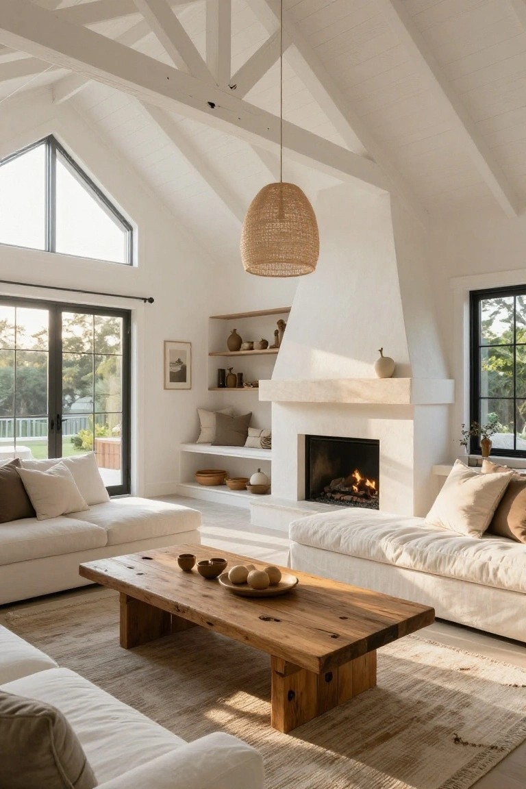 White living room with vaulted ceilings and exposed beams, two white sectionals, large rectangular wooden coffee table holding pottery and eggs, beige rug, plaster fireplace with built-in shelves and neutral ceramics, large black-framed windows and doors overlooking trees and yard.