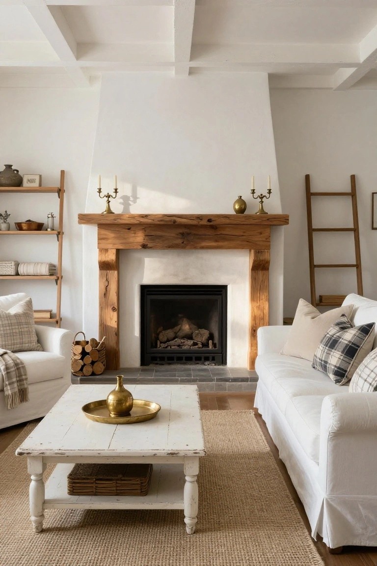 White living room with rustic wooden beam mantel on white plaster fireplace surround, white sofas and armchair, wooden ladder shelf, seagrass rug, and gold accessories.