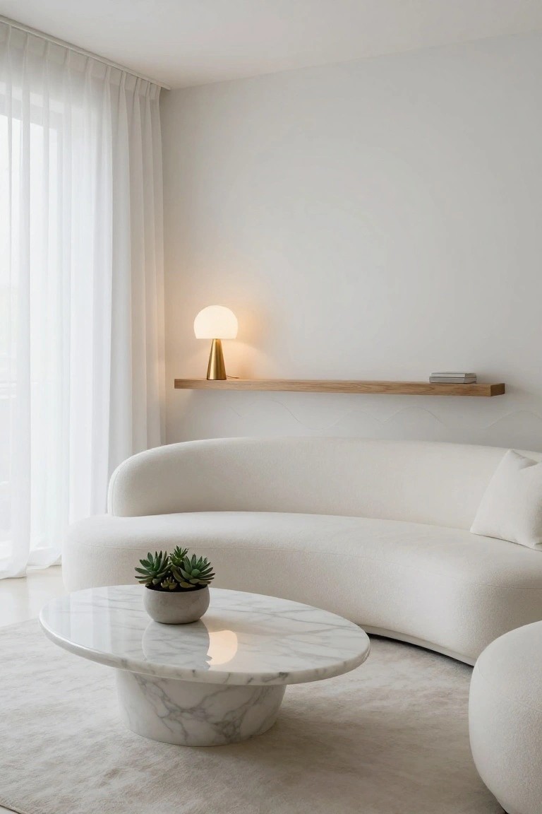 White curved bouclé sofa with marble pedestal coffee table holding a potted succulent plant, white pouf ottoman, oak wall shelf with brass lamp and book, sheer curtains over windows, and light rug in minimalist living room.