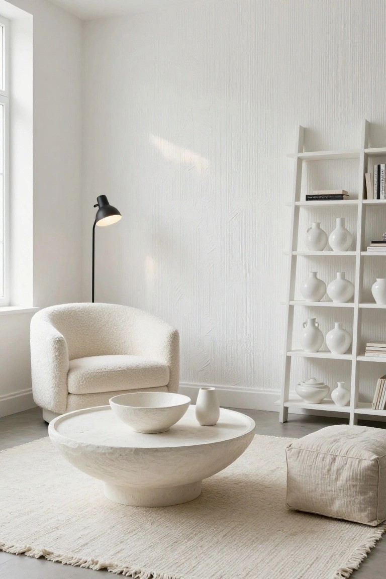 A minimalist white living room with a curved cream boucle armchair, large white stone coffee table holding a bowl and vase, black floor lamp, white ladder shelf displaying white vases and books, woven beige rug, and beige floor pouf.